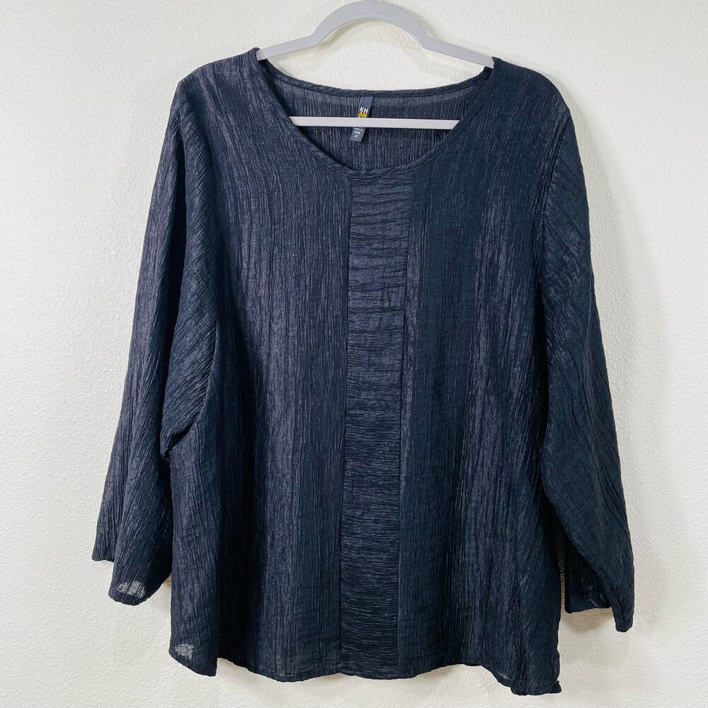 KHANGURA Black Crinkle Crepe 3/4 SleeveTencel Blouse Lagenlook Minimalist 2X